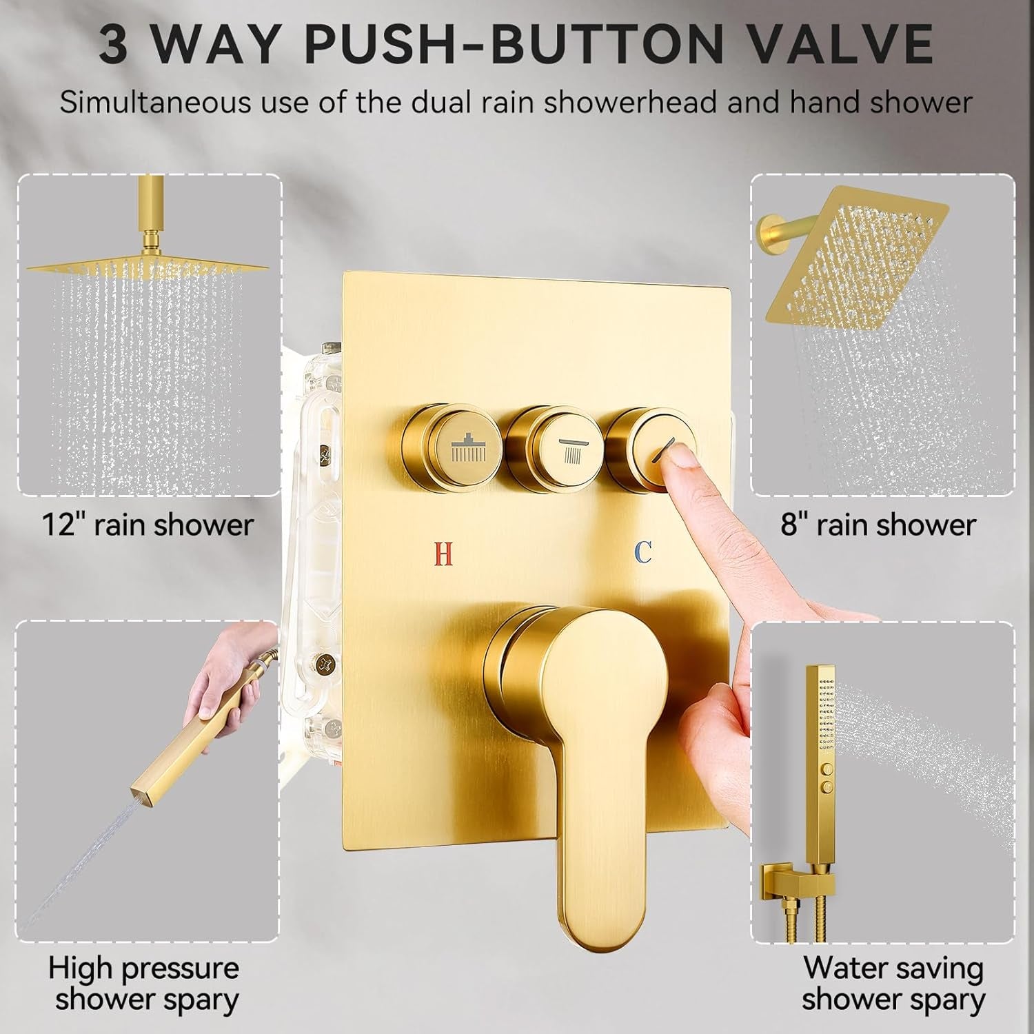 Brushed Gold Shower System,  Ceiling Mounted 12+8 Inch Rainfall Shower Head with 2 in 1 High Pressure Handheld, Can Use All at Once, Push Button Diverter Pressure Balancing Valve with Trim Kit