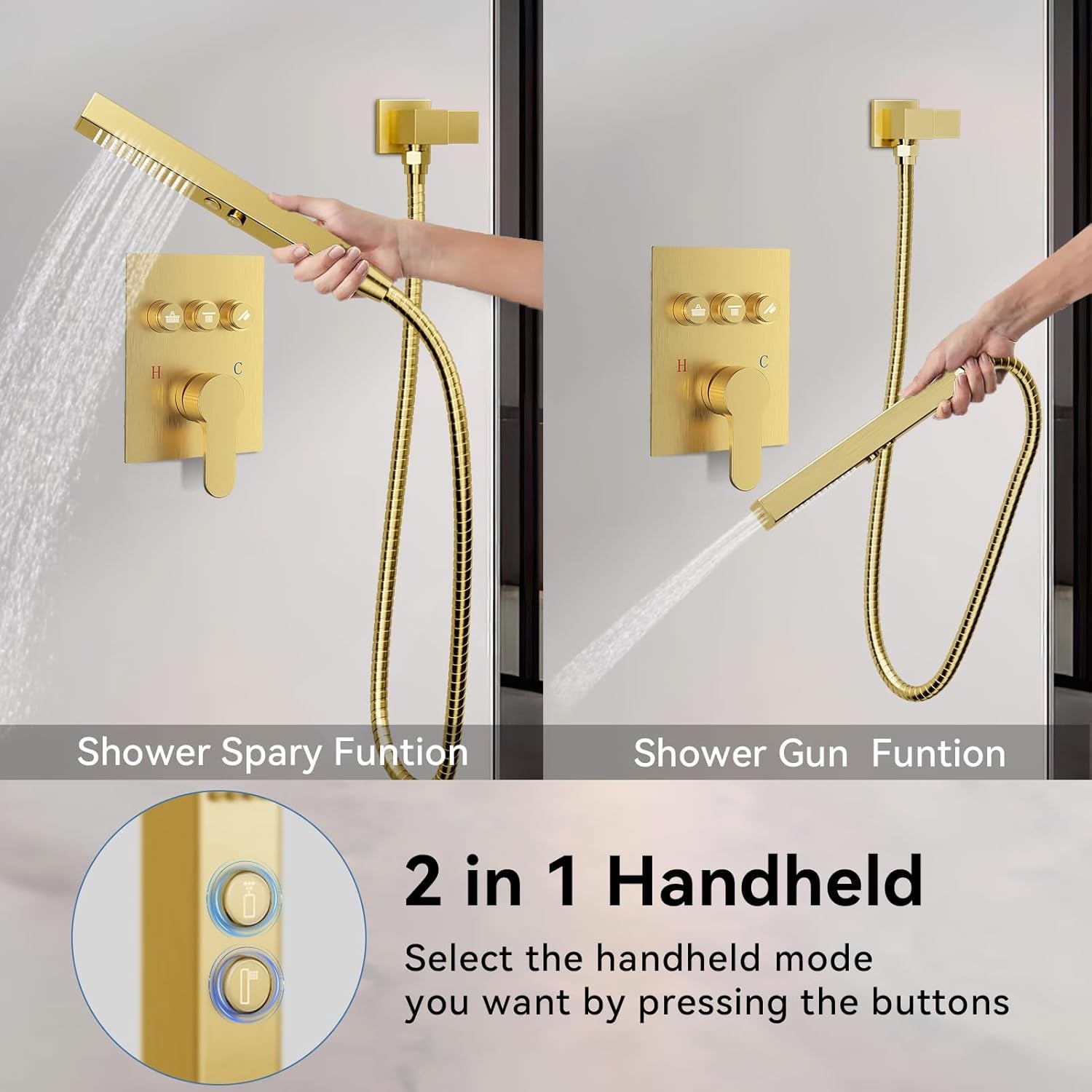 Brushed Gold Shower System,  Ceiling Mounted 12+8 Inch Rainfall Shower Head with 2 in 1 High Pressure Handheld, Can Use All at Once, Push Button Diverter Pressure Balancing Valve with Trim Kit
