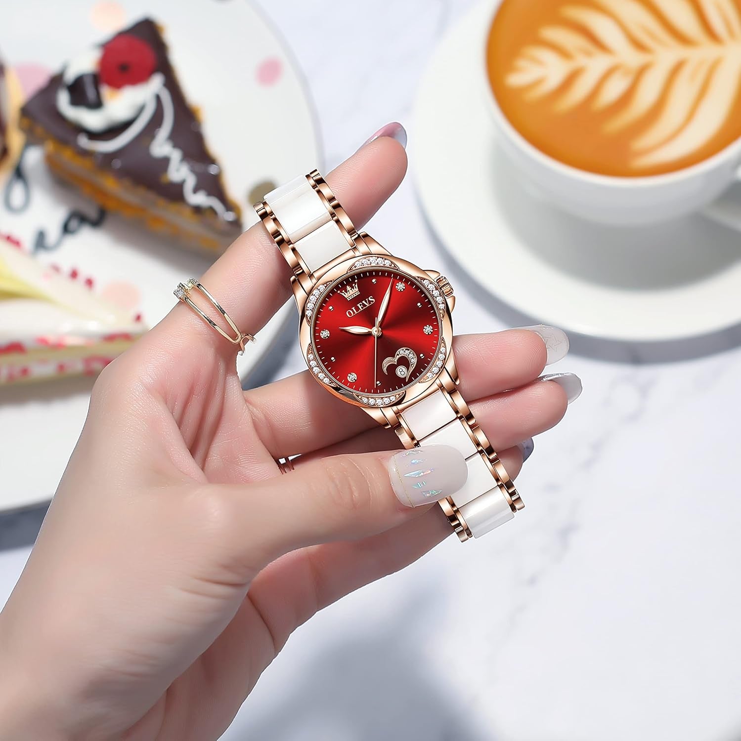 Womens Automatic Watch, Premium Large Face Diamond Accented Self Winding Watches for Women, Fashion Waterproof Ladies Dress Watch, Two Tone Stainless Steel Ceramic Bracelet