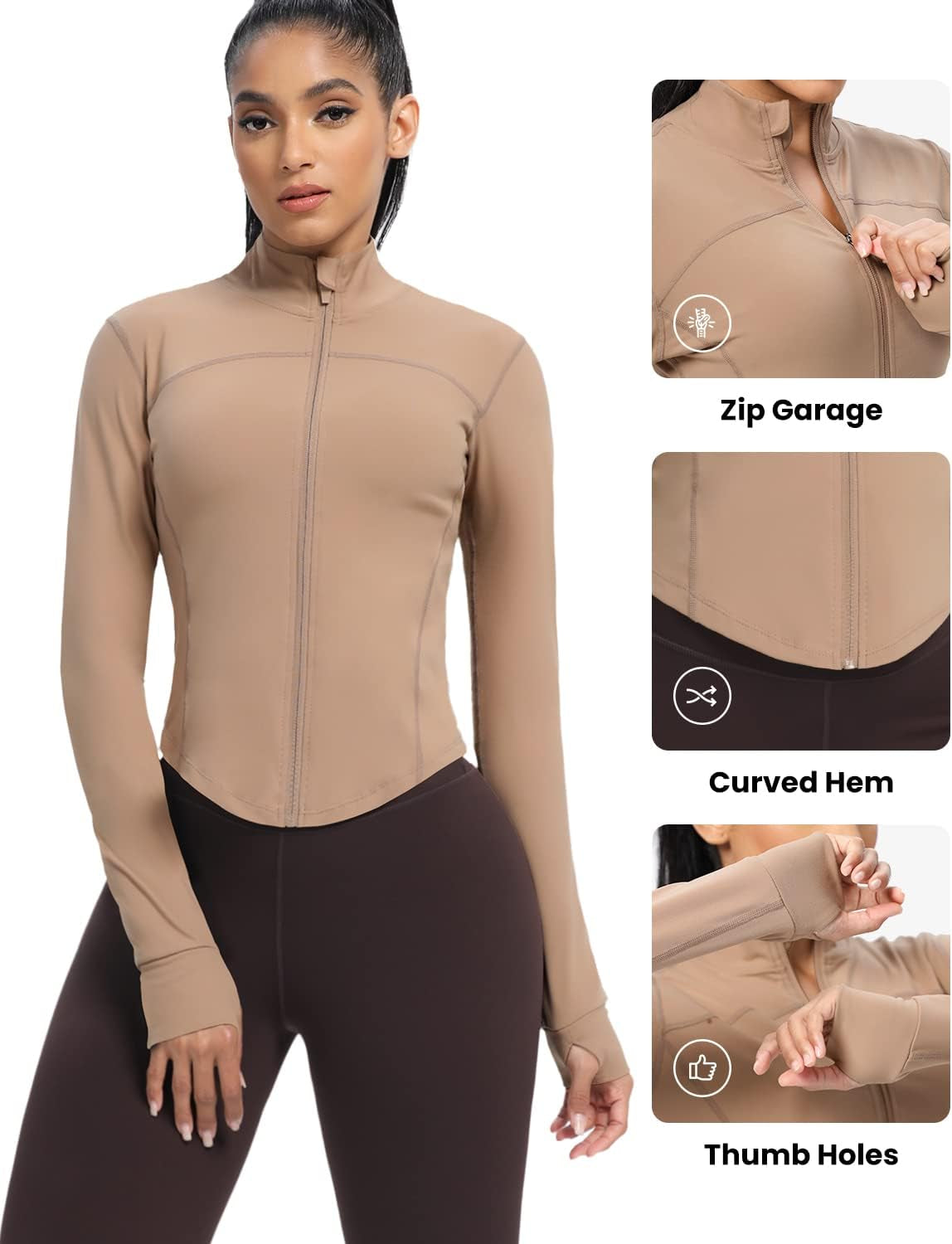 Women'S Cropped Running Workout Jackets Zip Slim Fit Athletic Tops with Thumb Holes
