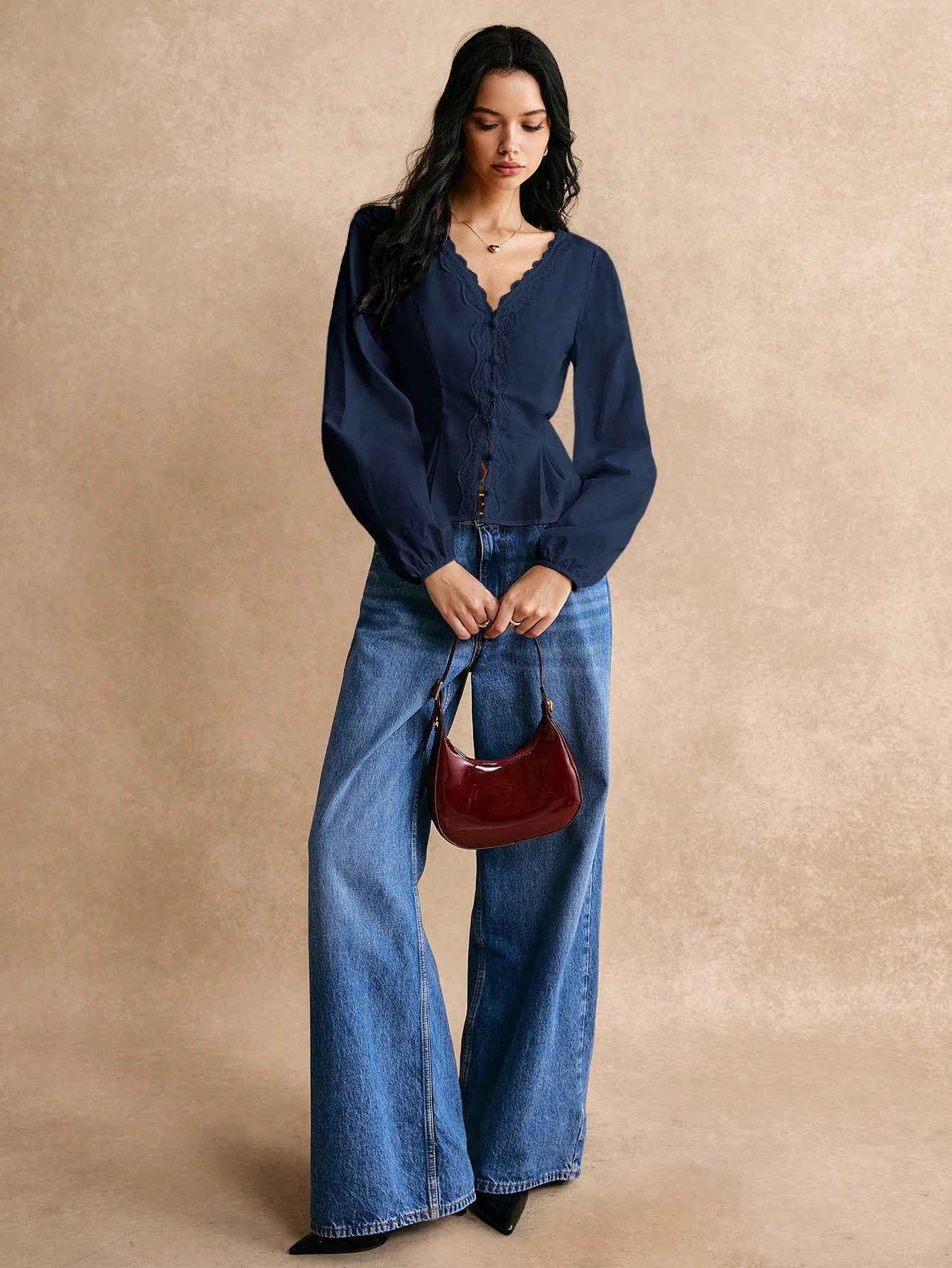 PoéSelle Cotton Elegant Lace Trimmed Waist Button Detail Shirt, Long Sleeve Shirt, Waist Shirt, Lace Top, Lace Shirt, Cotton Shirt, Elegant Waist Detail, for Everyday Work Outing Effortless Chic Essential, FW24, Fall Womenswear