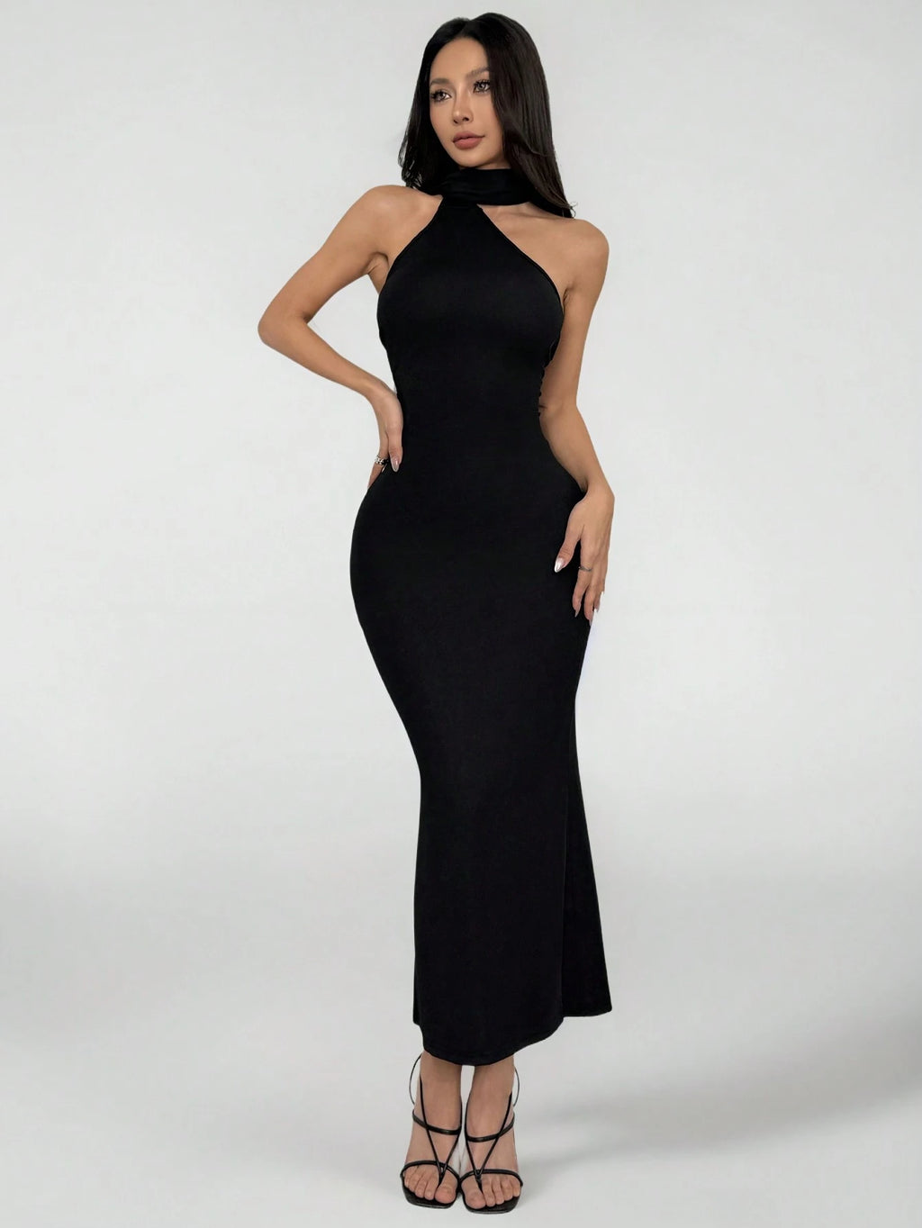 PETITE Solid Halter Neck Backless Bodycon Dress