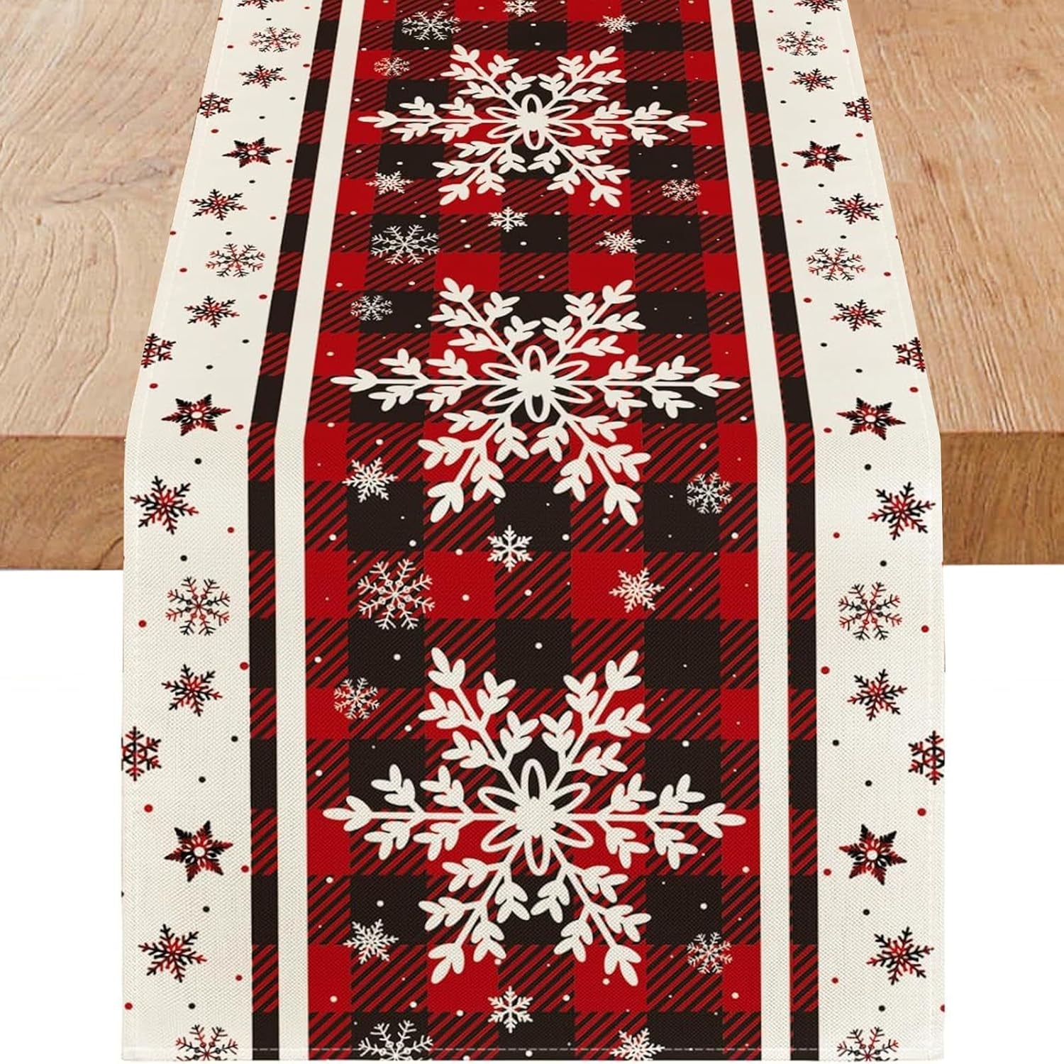 Snowflakes Christmas Table Runner with Buffalo Plaid, Winter Xmas Holiday Kitchen Dining Table Decoration for Indoor Outdoor Home Party Decor 13 X 72