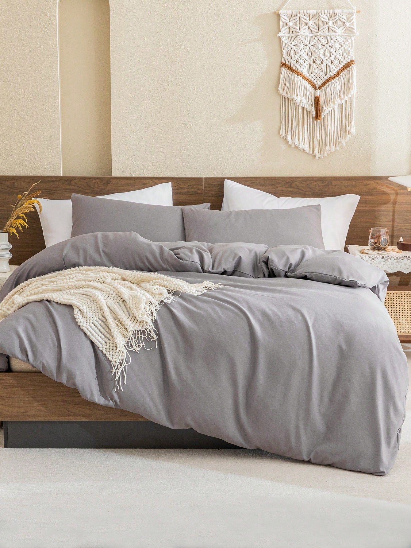 Grey Duvet Cover Set Boho Farmhouse Bedding Set 3 Pcs Solid Colour Super Soft Breathable Microfiber Duvet Cover Set (1 Duvet Cover + 2 Pillow Shams, No Filling) Gifts for Women&Men