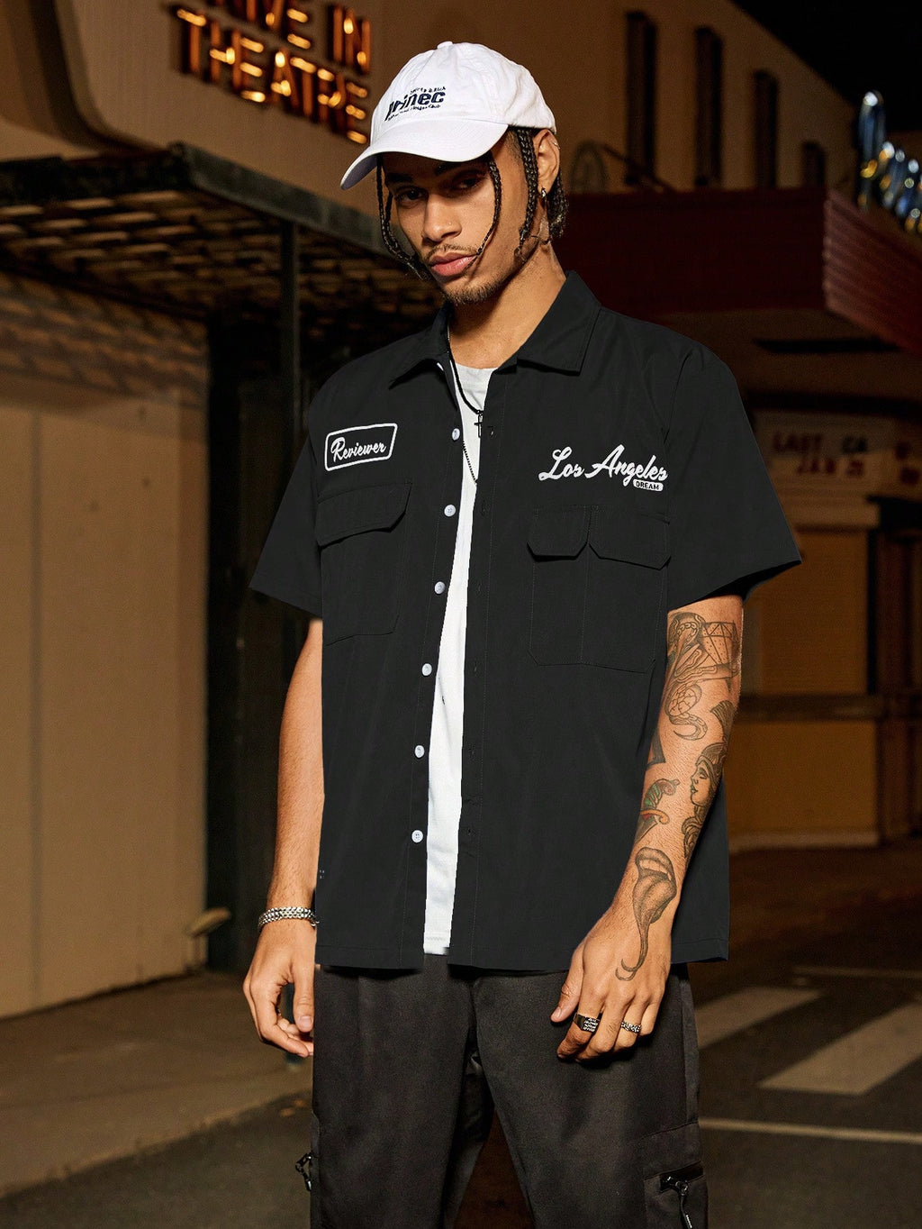 PAVTROS Manfinity Streetrush Manfinity Streetrush Men'S Loose Fit Utility Pocket Design Casual Shirt, Blue Button-Up Short Sleeve Shirt, Multi Pocket Casual Shirt, Graphic Los Angeles Reviewer Mechanic Shirt