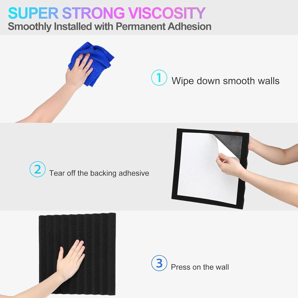 12 Pack Sound Proof Foam Panels, 1" X 12" X 12" Self-Adhesive Acoustic Foam Panels, Acoustic Panels Wedges High Density, Soundproof Wall Panels for Treatment Home Studio - Black