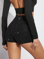 Denimoi Women'S Black Rhinestone Dot Flap Pocket Shorts, Denim Shorts, for Going Out, Party, Country Concert Outfit, Rave Festival Outfit, Clubwear