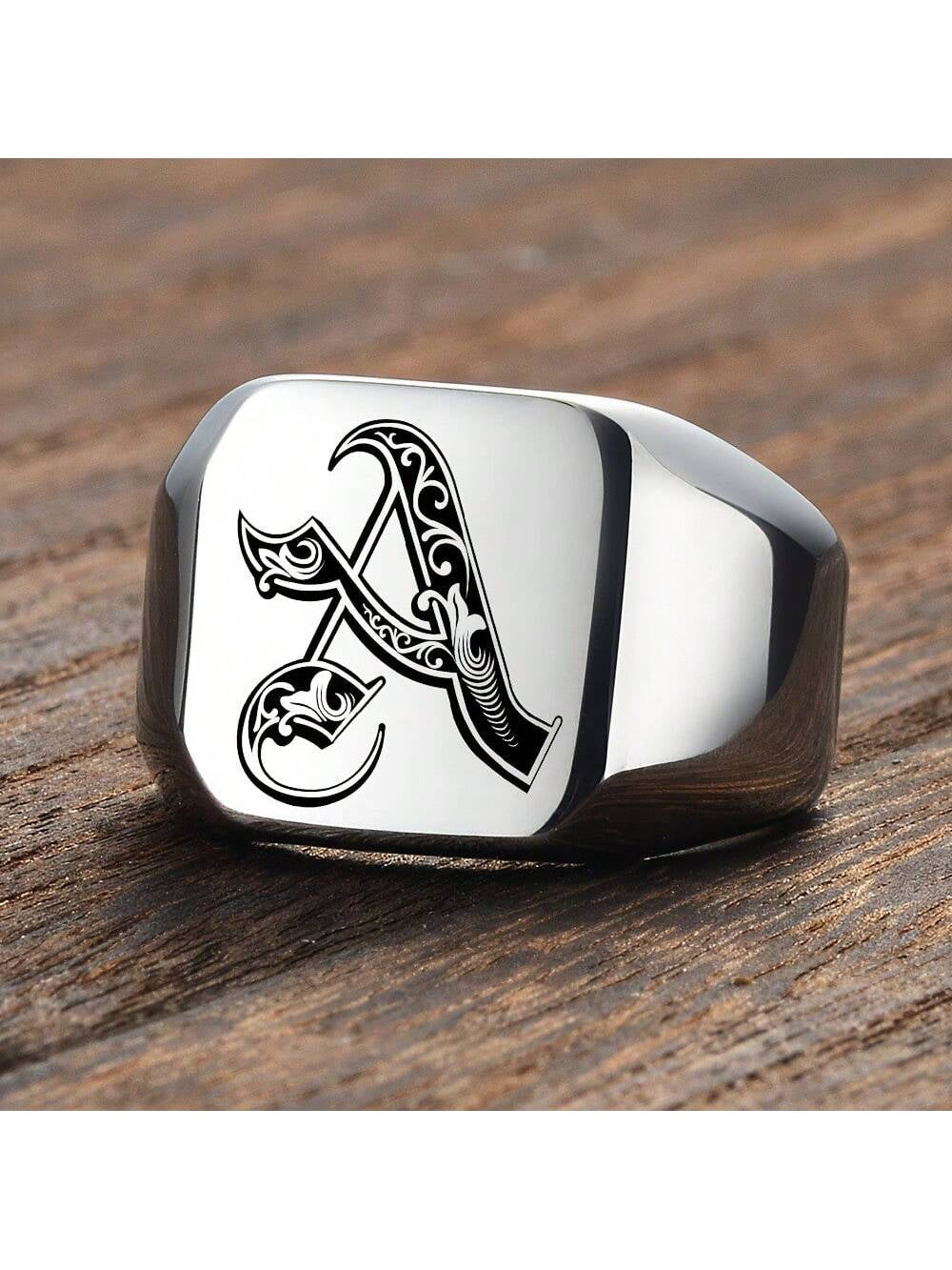 1Pc Uppercase A-Z Square Shaped Ring for Men + 26Pcs Gothic Uppercase Initial Letter Silver-Color Ring Perfect Gift for Couple, Friends, Boyfriend, Father'S Day, Birthday. Stainless Steel Jewelry Suitable for Daily Wear