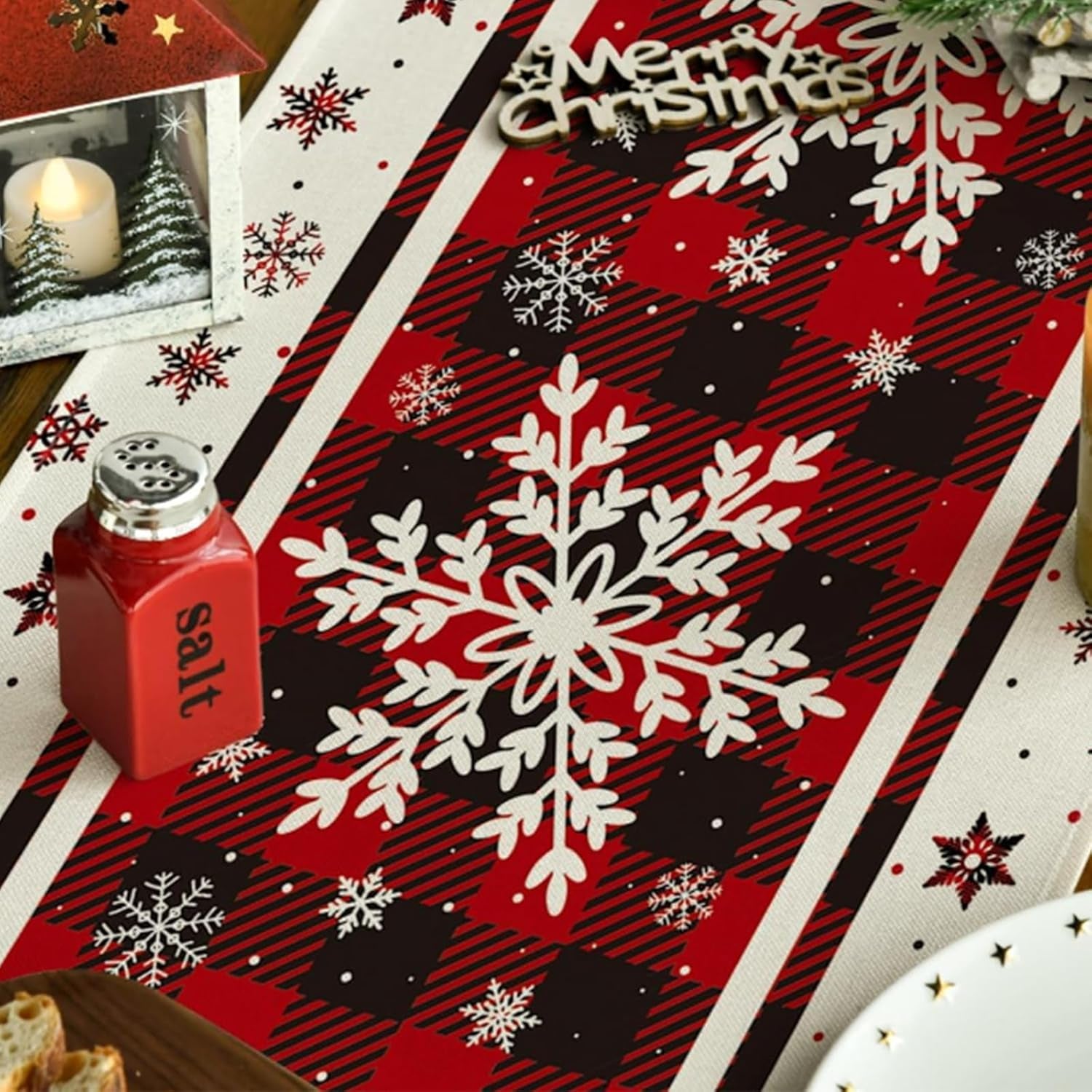 Snowflakes Christmas Table Runner with Buffalo Plaid, Winter Xmas Holiday Kitchen Dining Table Decoration for Indoor Outdoor Home Party Decor 13 X 72