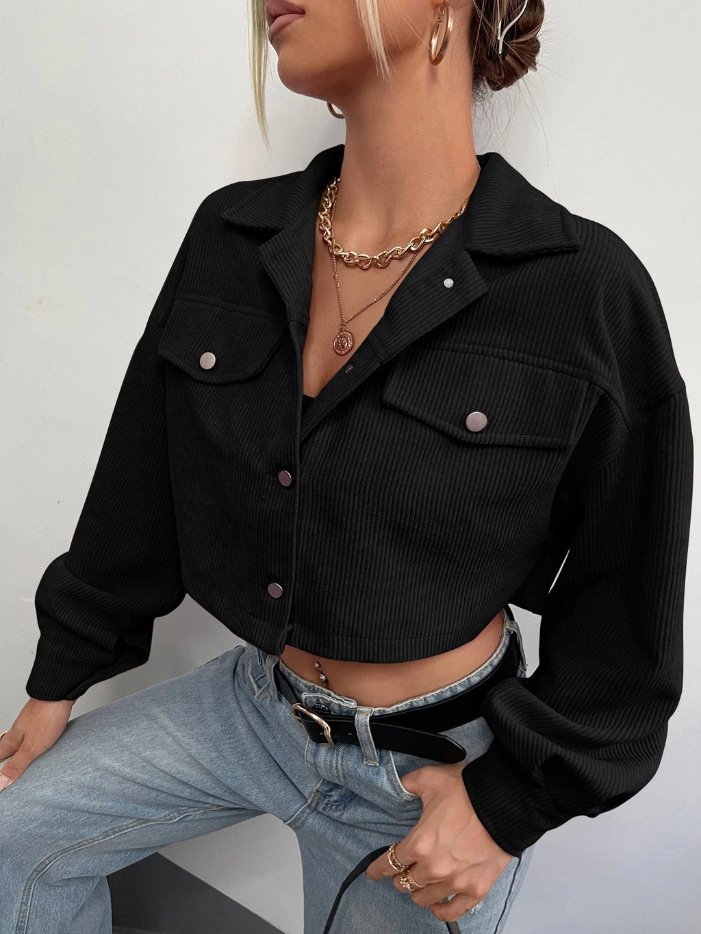 Ezwear Spring Outfits Drop Shoulder Flap Detail Crop Corduroy Jacket in Fall/Winter
