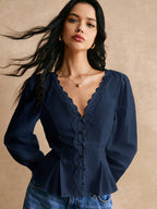 PoéSelle Cotton Elegant Lace Trimmed Waist Button Detail Shirt, Long Sleeve Shirt, Waist Shirt, Lace Top, Lace Shirt, Cotton Shirt, Elegant Waist Detail, for Everyday Work Outing Effortless Chic Essential, FW24, Fall Womenswear