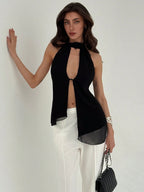 Aloruh Women Sexy Asymmetric Hem Backless Halter Neck Top,Rave Top