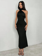 PETITE Solid Halter Neck Backless Bodycon Dress