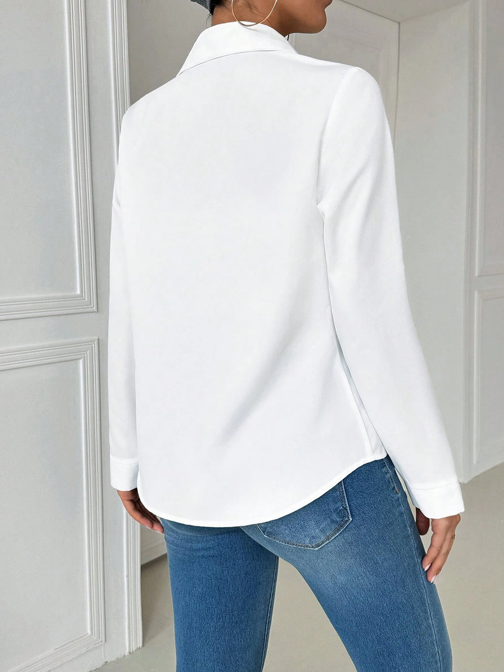 INAWLY Casual Collared Pocket Fitted White Long Sleeve Women Blouse Women Shirt Fall Cloth for Women