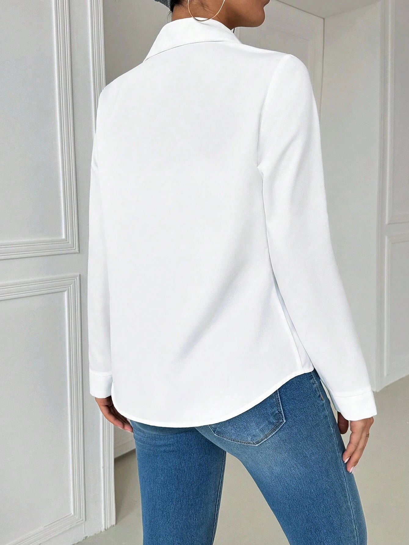INAWLY Casual Collared Pocket Fitted White Long Sleeve Women Blouse Women Shirt Fall Cloth for Women