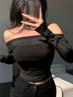 DAZY Women'S Elastic Mesh Sheer Off-Shoulder Top, Spring/Summer Long Sleeve Women Tops