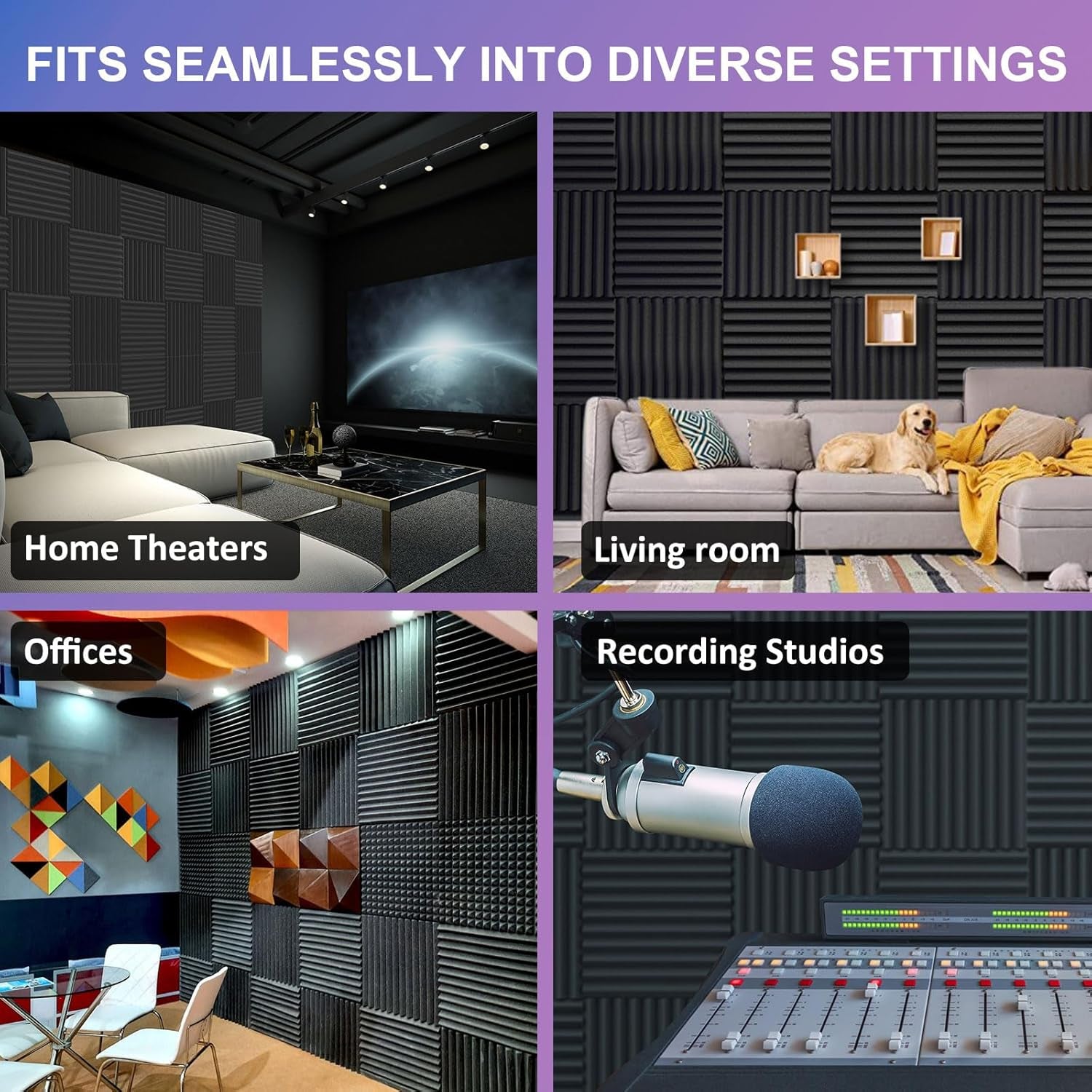 12 Pack Sound Proof Foam Panels, 1" X 12" X 12" Self-Adhesive Acoustic Foam Panels, Acoustic Panels Wedges High Density, Soundproof Wall Panels for Treatment Home Studio - Black