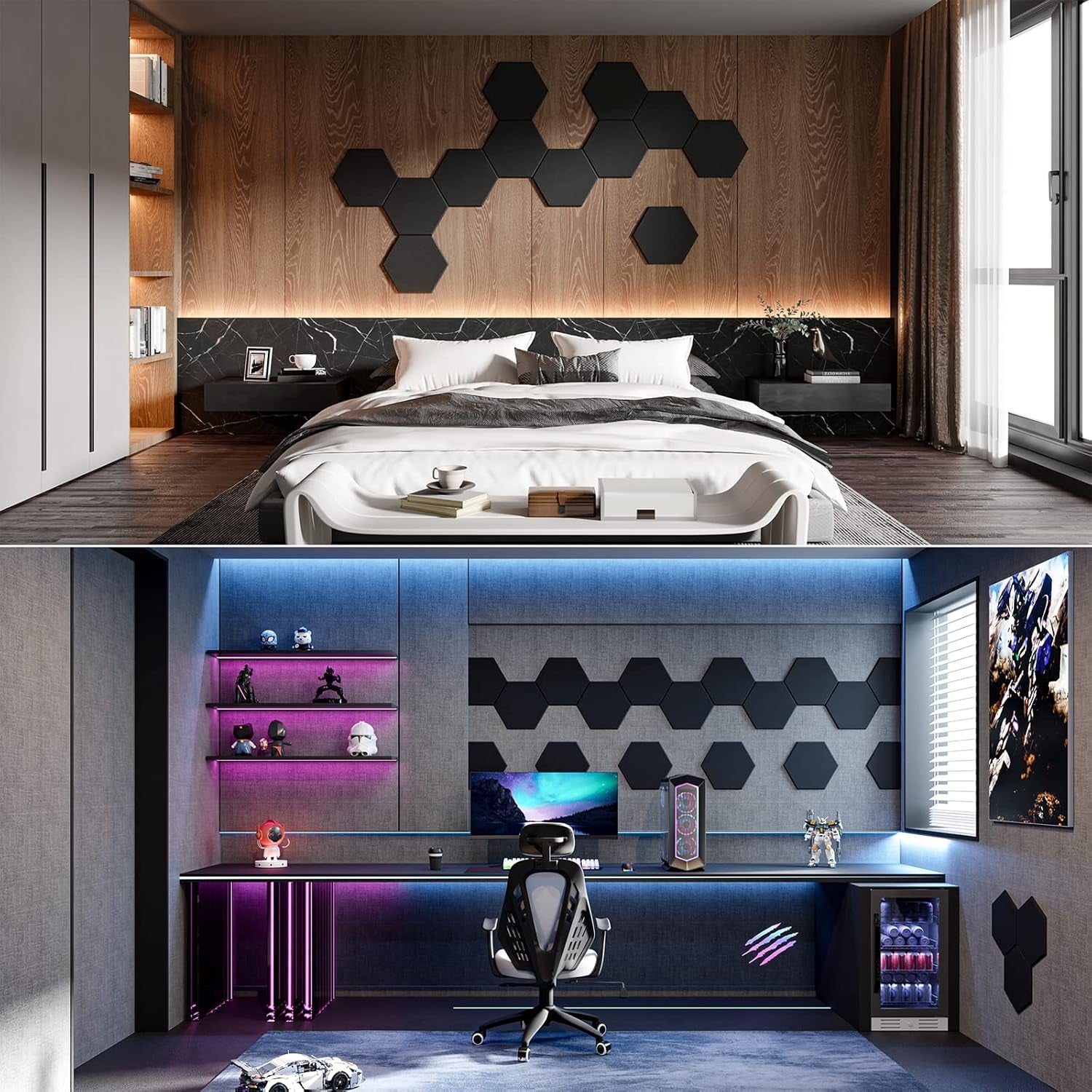 12 Pack Self-Adhesive Acoustic Panels 12" X 10" X 0.4" - Sound Proof Foam Panels with High Density, Stylish Hexagonal Design, Flame Resistant, Absorb Noise and Eliminate Echoes(Black)