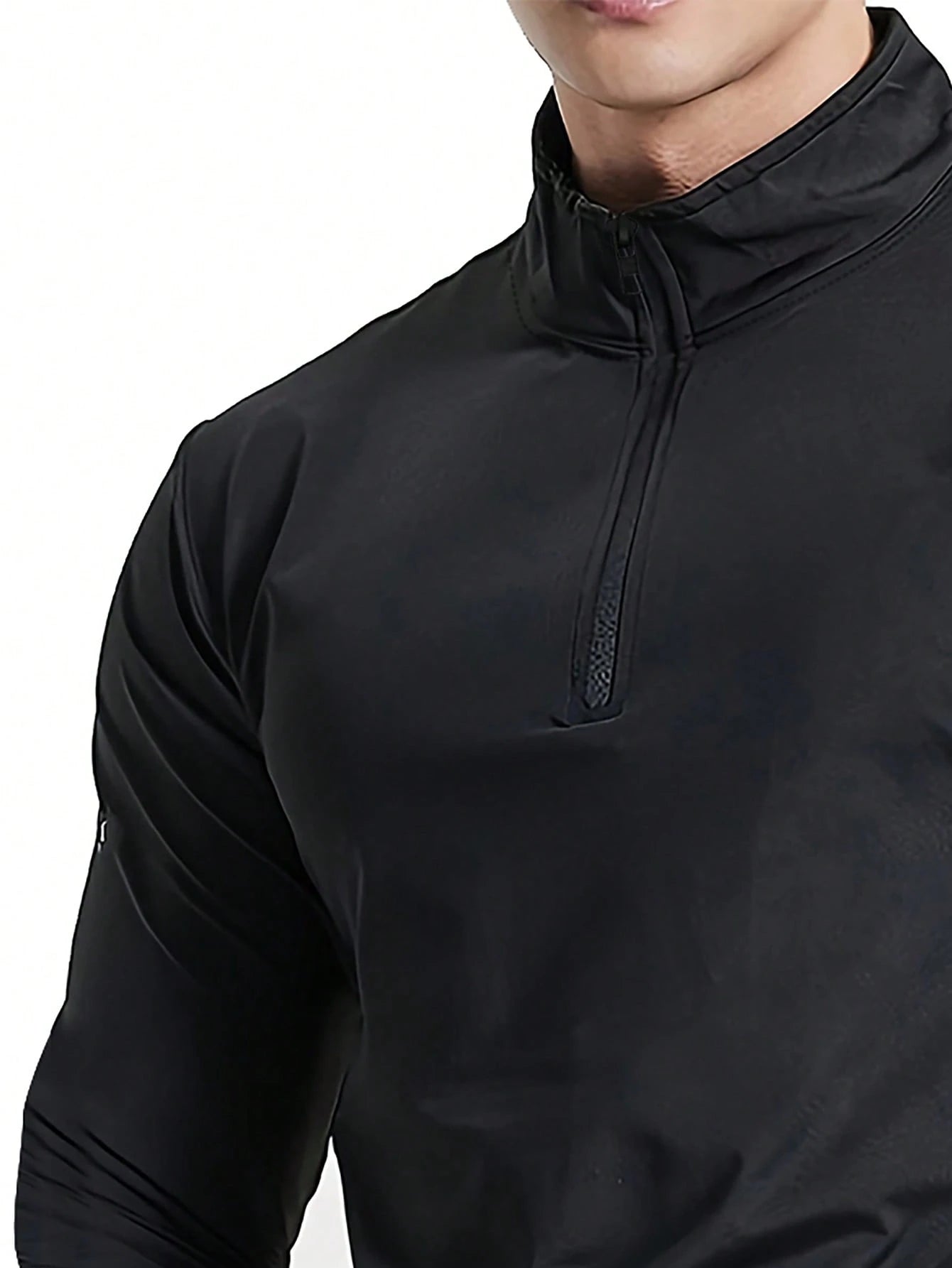 Manfinity Dauomo Men Spring and Summer Solid Color Zipper Half Placket Stand Collar Long Sleeve Casual T-Shirt, Fall