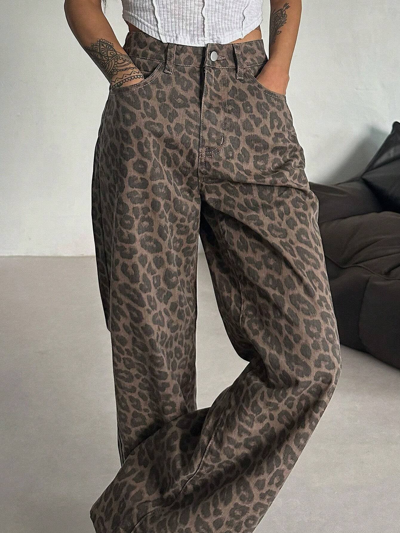 DAZY Women'S Leopard Print Loose Pocket Casual Versatile Denim Jeans Y2K