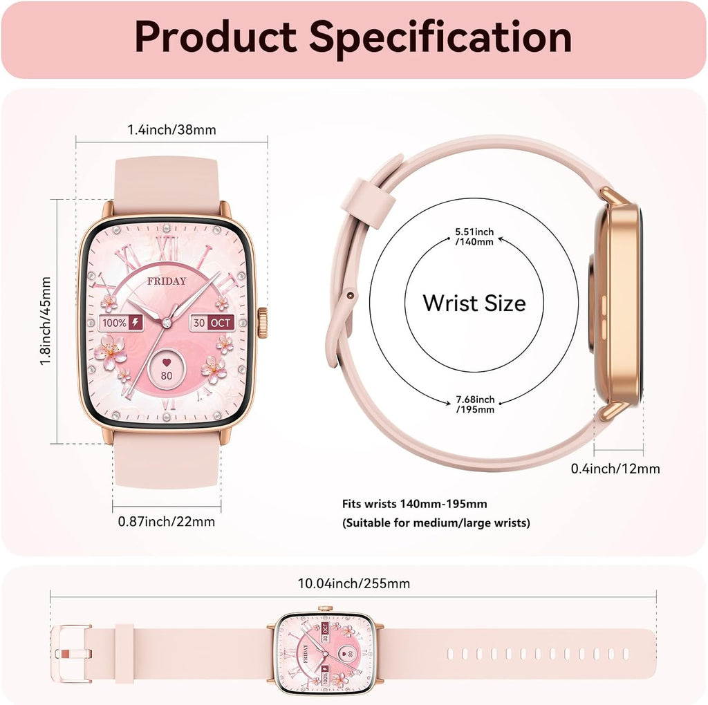 Smart Watch for Women, 1.85" HD Dynamic Dial Smartwatch for Android & Iphone with Answer/Make Call, Fitness Tracker with 110+ Sport Modes, Heart Rate/Spo2/Sleep Monitor, IP68 Waterproof (2 Bands)