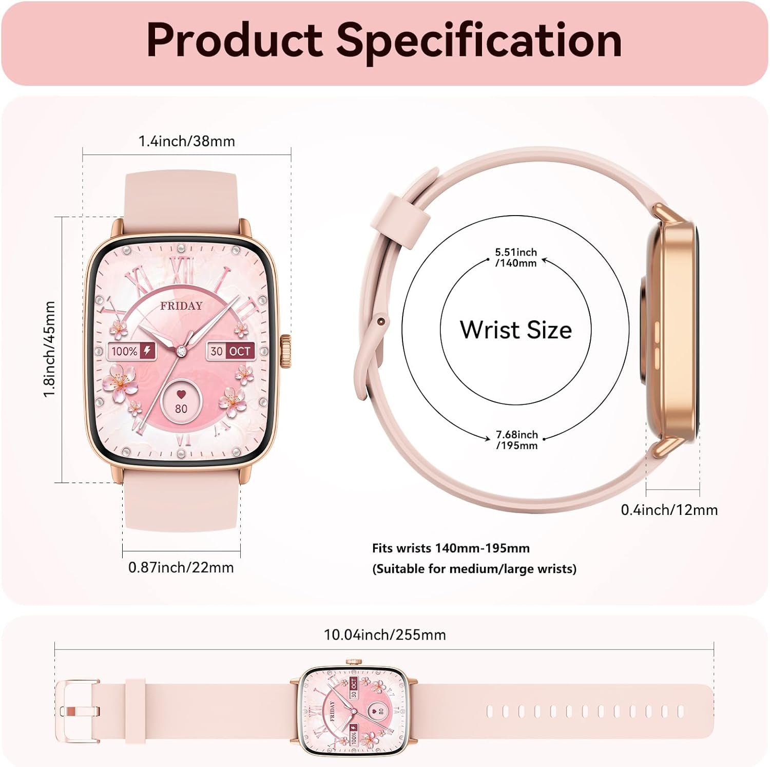 Smart Watch for Women, 1.85" HD Dynamic Dial Smartwatch for Android & Iphone with Answer/Make Call, Fitness Tracker with 110+ Sport Modes, Heart Rate/Spo2/Sleep Monitor, IP68 Waterproof (2 Bands)