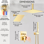 Brushed Gold Shower System,  Ceiling Mounted 12+8 Inch Rainfall Shower Head with 2 in 1 High Pressure Handheld, Can Use All at Once, Push Button Diverter Pressure Balancing Valve with Trim Kit