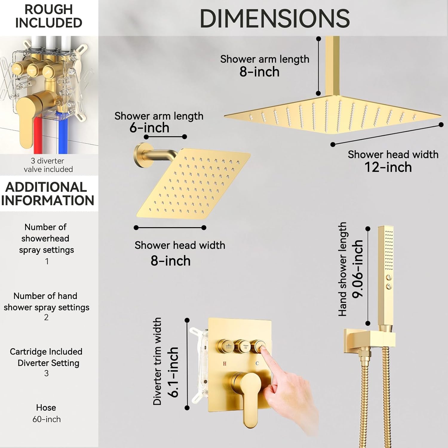 Brushed Gold Shower System,  Ceiling Mounted 12+8 Inch Rainfall Shower Head with 2 in 1 High Pressure Handheld, Can Use All at Once, Push Button Diverter Pressure Balancing Valve with Trim Kit