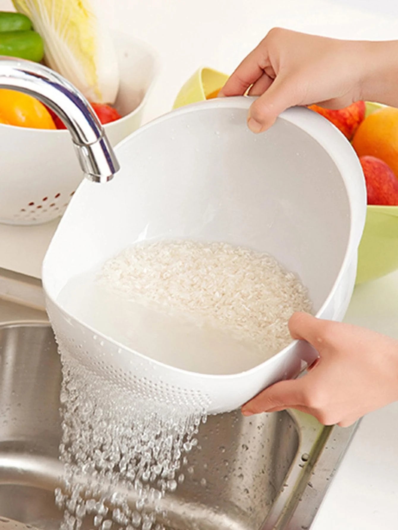 1/3Pcs- Colander Rice Bowl Drain Basket Fruit Bowl Washing Drain Basket with Handle Washing Basket Home Kitchen Organizer