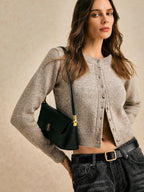 PoéSelle Autumn and Winter Women'S Khaki round Neck Long Sleeve Single-Breasted Casual Short Wool Knit Thick Cardigan, Short Jumper, Cute Jumper, Fall Women Clothes, Going Out Tops, Business Casual Woman, Fall Sweaters, Office Attire, Basic Sweaters,Knitted Sweater