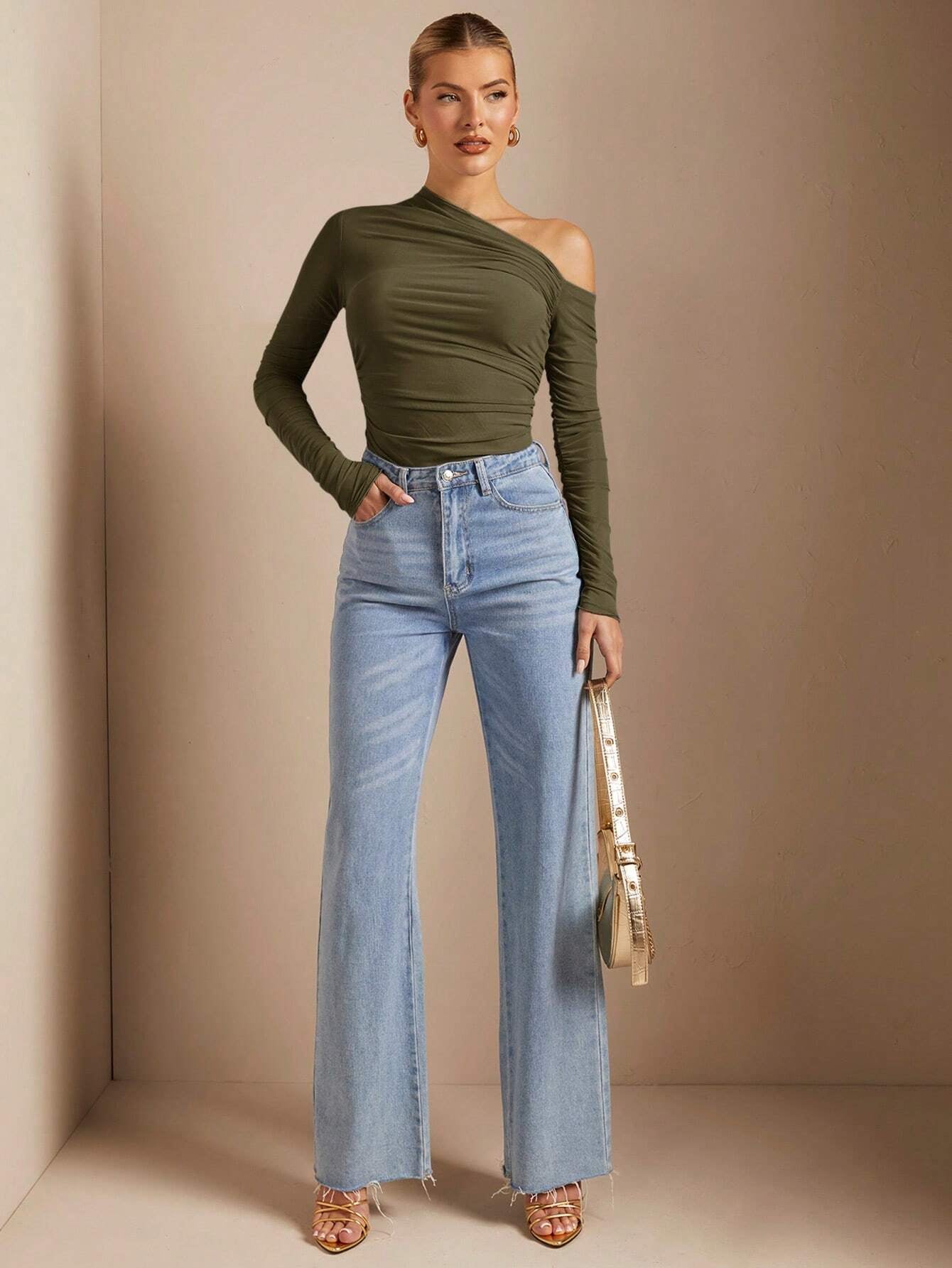 BAE 1Pc Women Solid Asymmetric Draped Sheer Fitted Long Sleeve Top