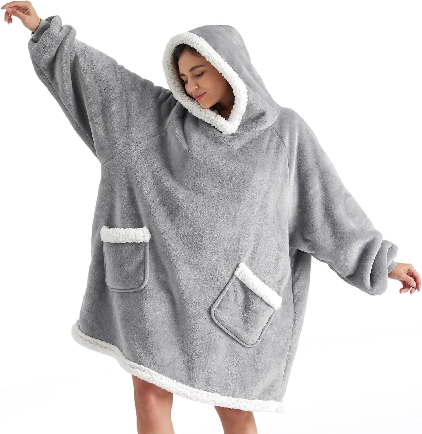 Blanket Hoodie, Wearable Blanket for Adults & Kids as Gifts for Women Men, Birthday Gifts for Women Mom Girl Sherpa Oversized Hoodie, Grey, Standard