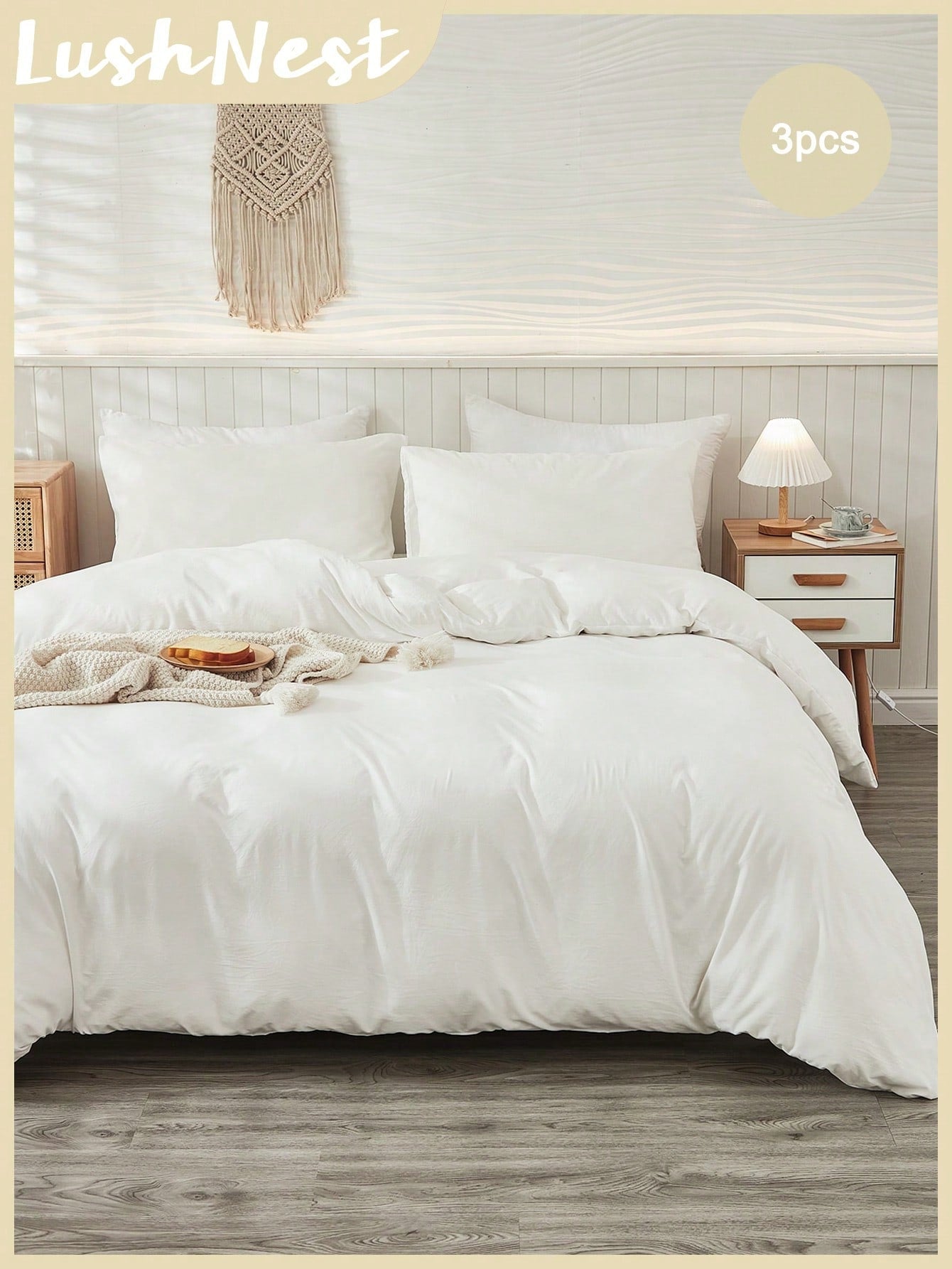 3Pcs Plain White Duvet Cover Set, Boho Farmhouse Bedding Decor, Soft Microfiber Comforter Cover for Boys & Girls (1 Duvet Cover + 2 Pillowcases No Insert), School Dorm Essentials, Cozy Aesthetic