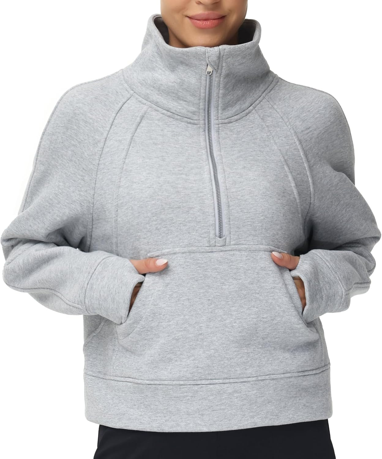 Womens' Half Zip Pullover Fleece Stand Collar Crop Sweatshirt with Pockets Thumb Hole