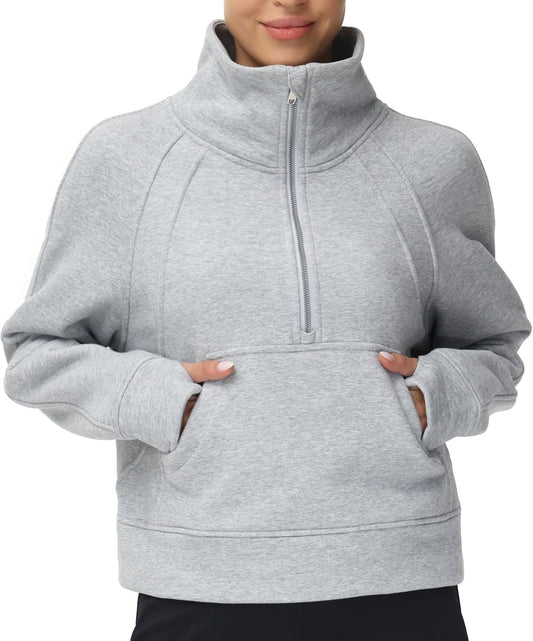 Womens' Half Zip Pullover Fleece Stand Collar Crop Sweatshirt with Pockets Thumb Hole
