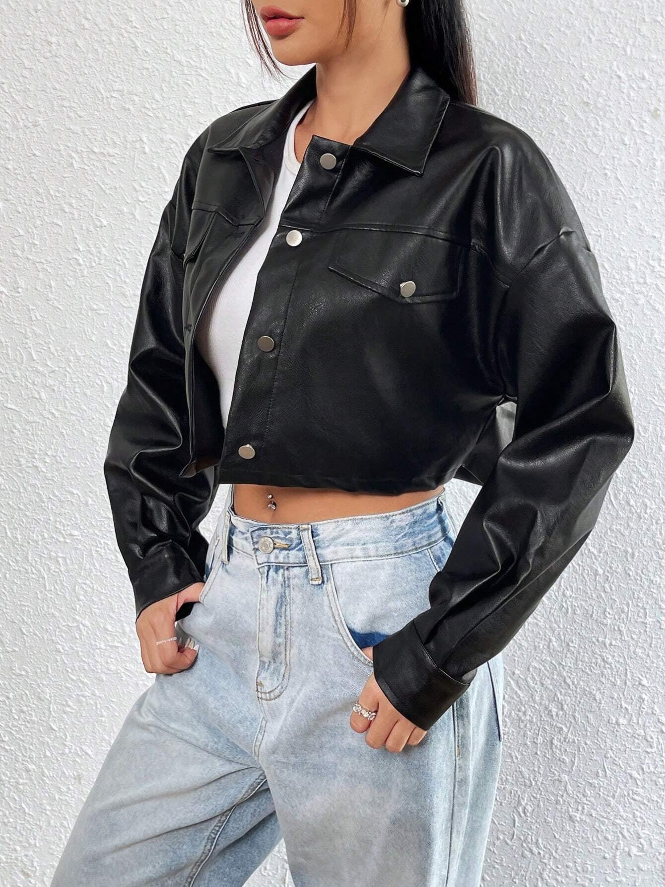 Ezwear 1Pc Flap Detail Drop Shoulder Crop PU Leather Jacket,Ladies Late Fall Casual Button Drop Shoulder Collar Regular Fit Black Plain Women Jackets,Outdoor Activities