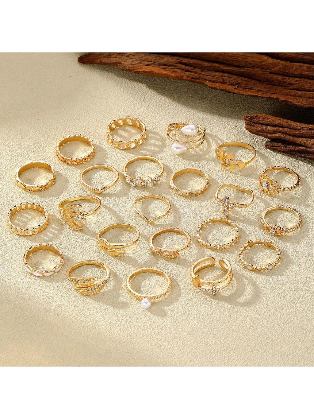 23Pcs Luxury Eye, Faux Pearl, Multi-Element Ring Set with Rhinestone Decoration, for Women Daily Wear