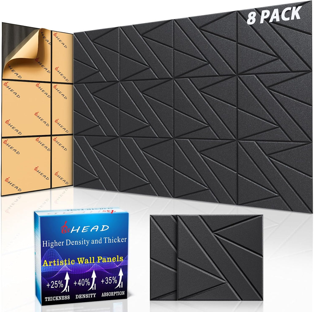 8 Pack Self-Adhesive Soundproof Wall Panels, 12 X 12 X 0.47 in Sound Proof Foam Panels for Walls, 1.2Lb/Ft³ High Density, Thicker 0.47In, Acoustic Panel, Peel and Stick Wall Panel Studio Black
