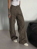 DAZY Women'S Leopard Print Loose Pocket Casual Versatile Denim Jeans Y2K