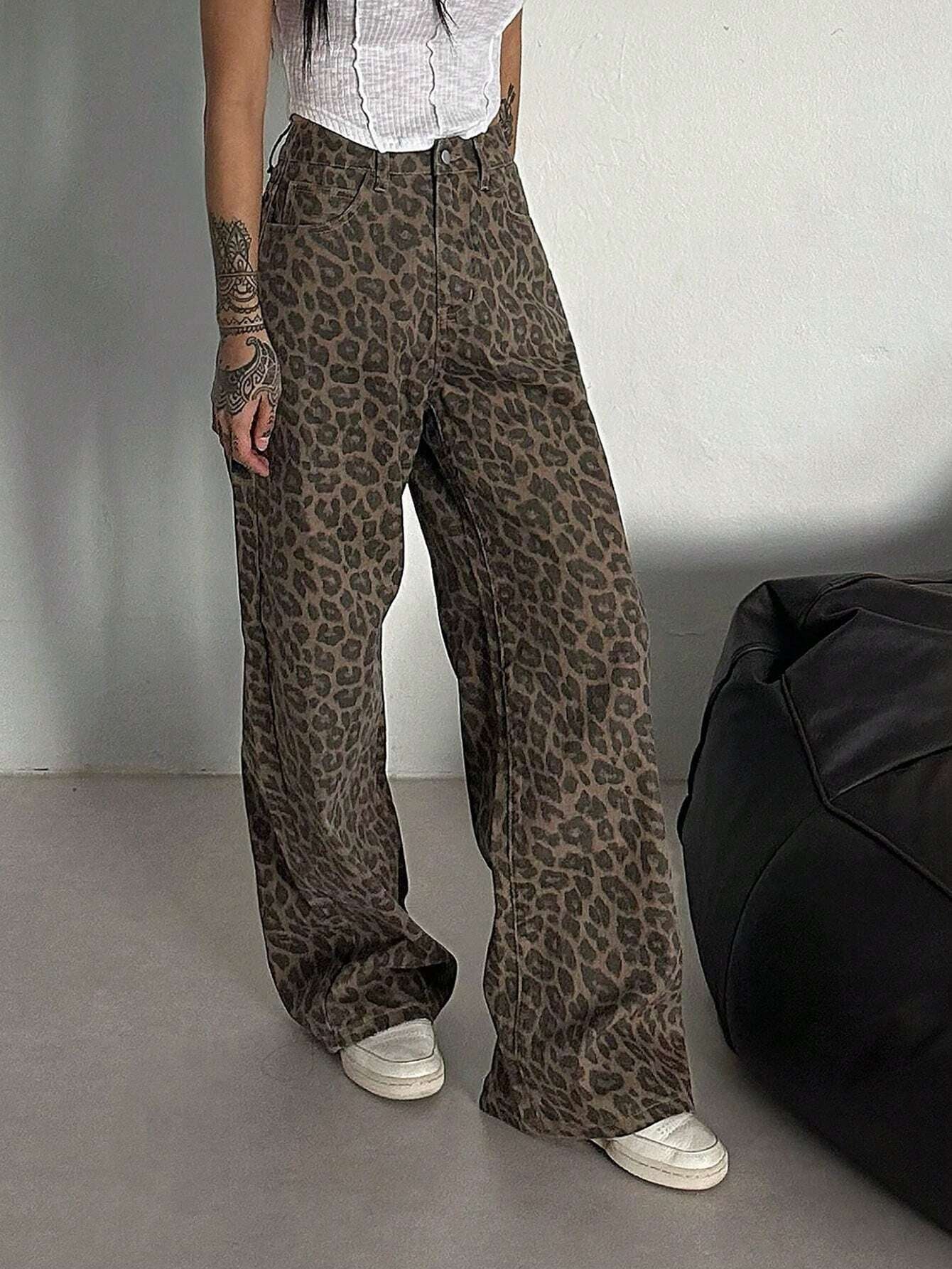 DAZY Women'S Leopard Print Loose Pocket Casual Versatile Denim Jeans Y2K