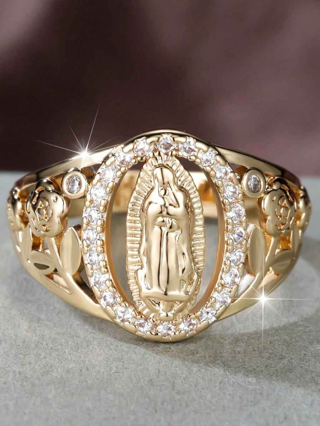 1Pc Exquisite Virgin Mary Inlaid Shiny Cubic Zirconia Ring for Women Hip-Hop Daily Wear Couple Jewelry
