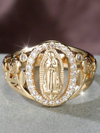 1Pc Exquisite Virgin Mary Inlaid Shiny Cubic Zirconia Ring for Women Hip-Hop Daily Wear Couple Jewelry