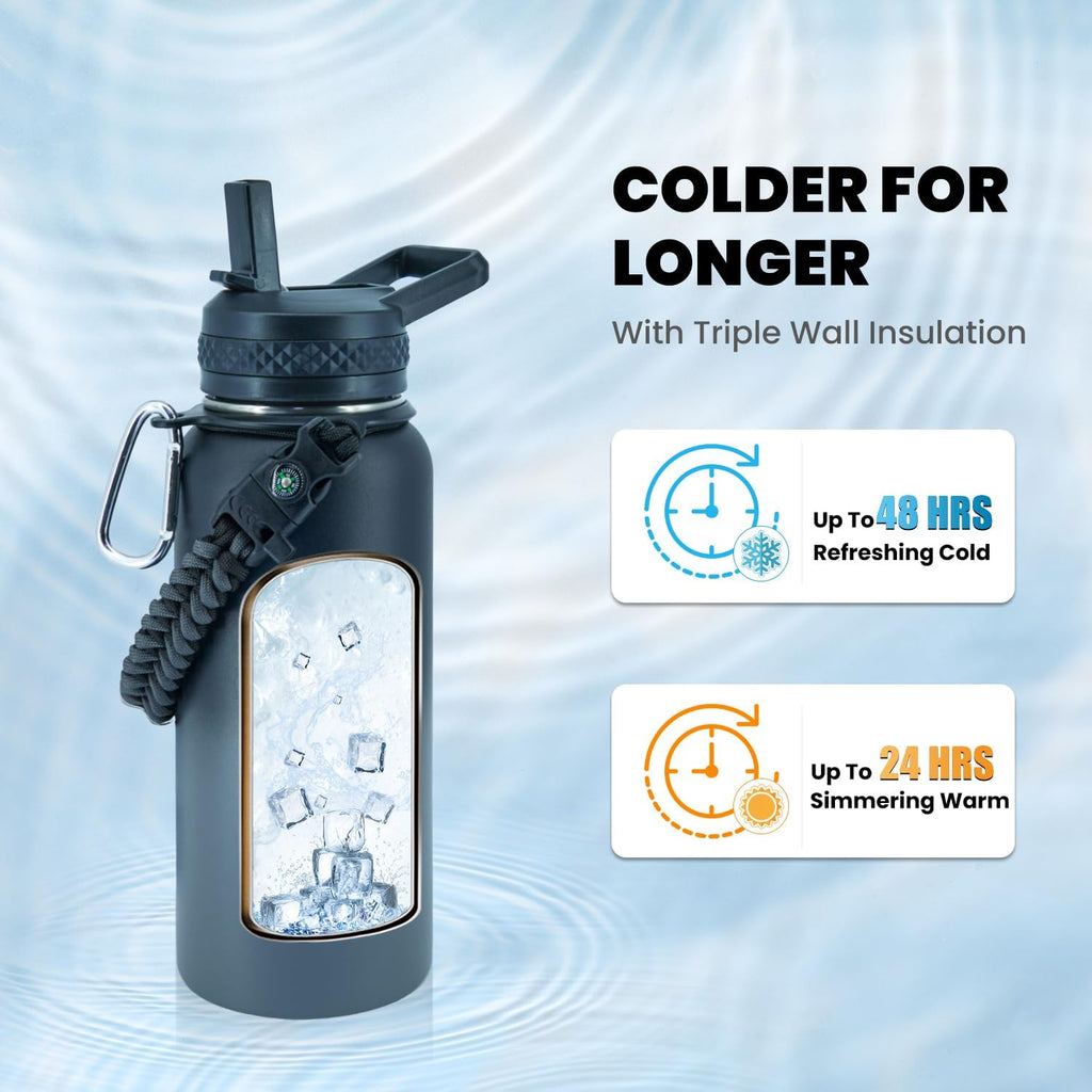 Insulated Water Bottle 32 Oz, Triple Wall Vacuum Stainless Steel (Cold for 48 Hrs), Leak Proof & Non-Bpa, Modern Water Flask Jug with Paracord Handle & Straw Spout Lids, Dark Grey